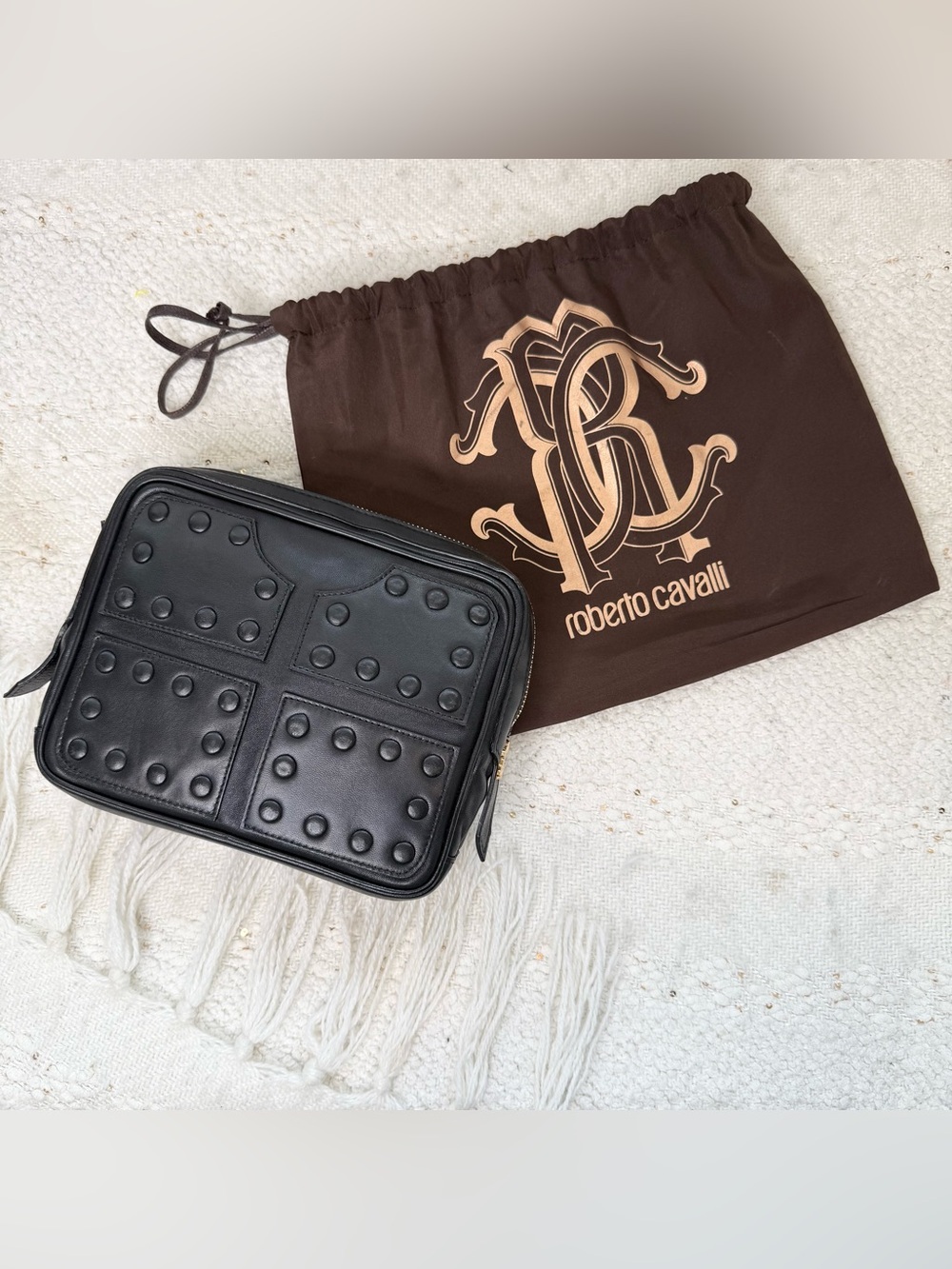 Roberto Cavalli black leather studded clutch or pouch